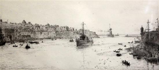 William Lionel Wyllie (1851-1931) Valetta Harbour, Malta 6.5 x 15in.